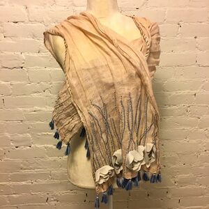 Marina Vidal embroidered tassel trim linen scarf pink rectangle